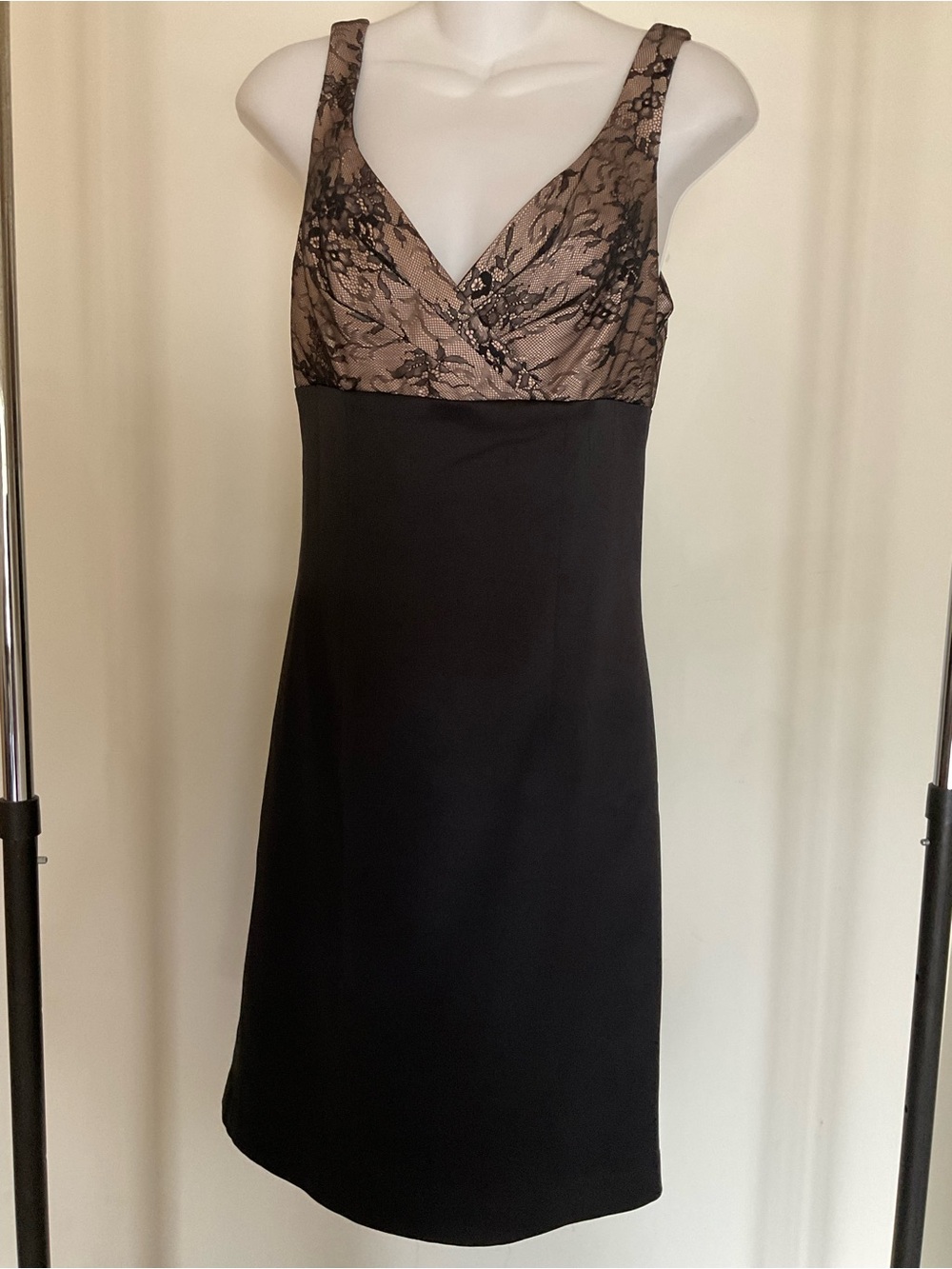 Allen B. By Allen Schwartz Black Slip Dress with Taupe Lace Bodice